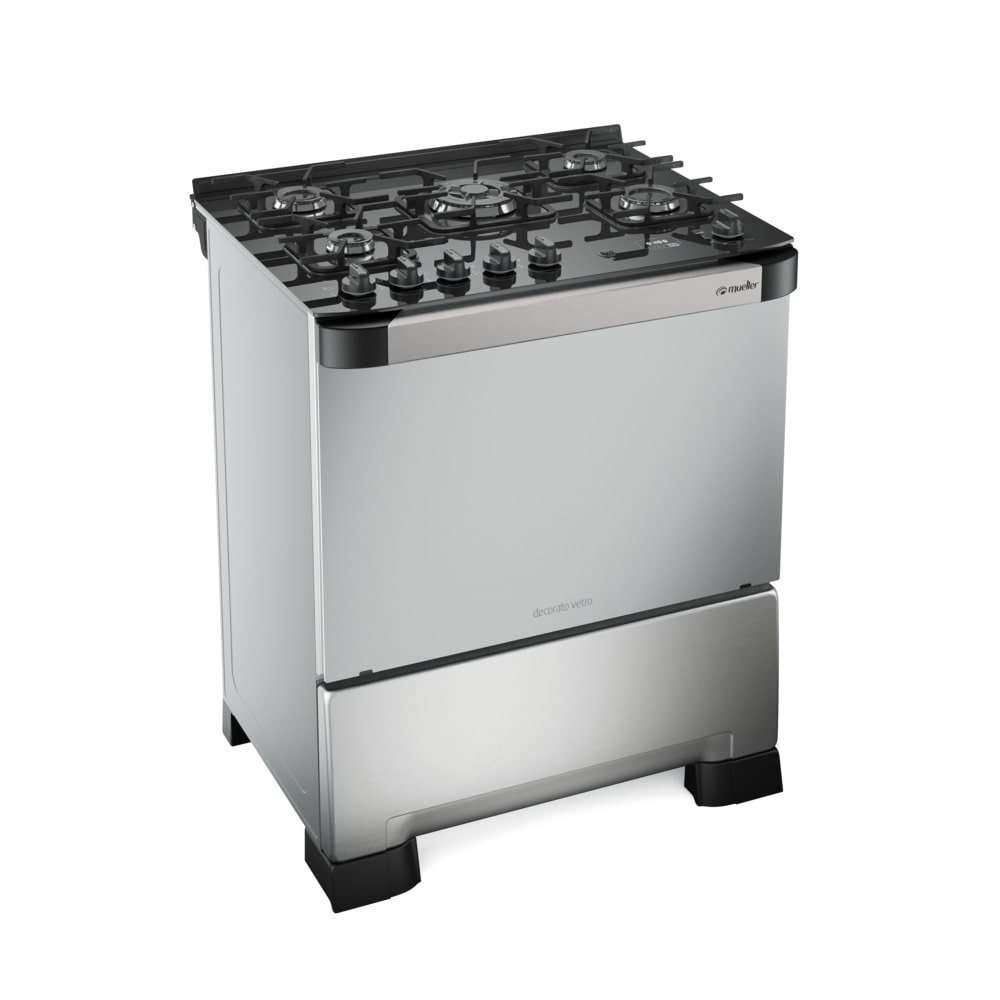 Fogão de Piso Mueller 5 Bocas Decorato Vetro, Mesa de Vidro, Acendimento Automático, Timer, Inox, Bivolt