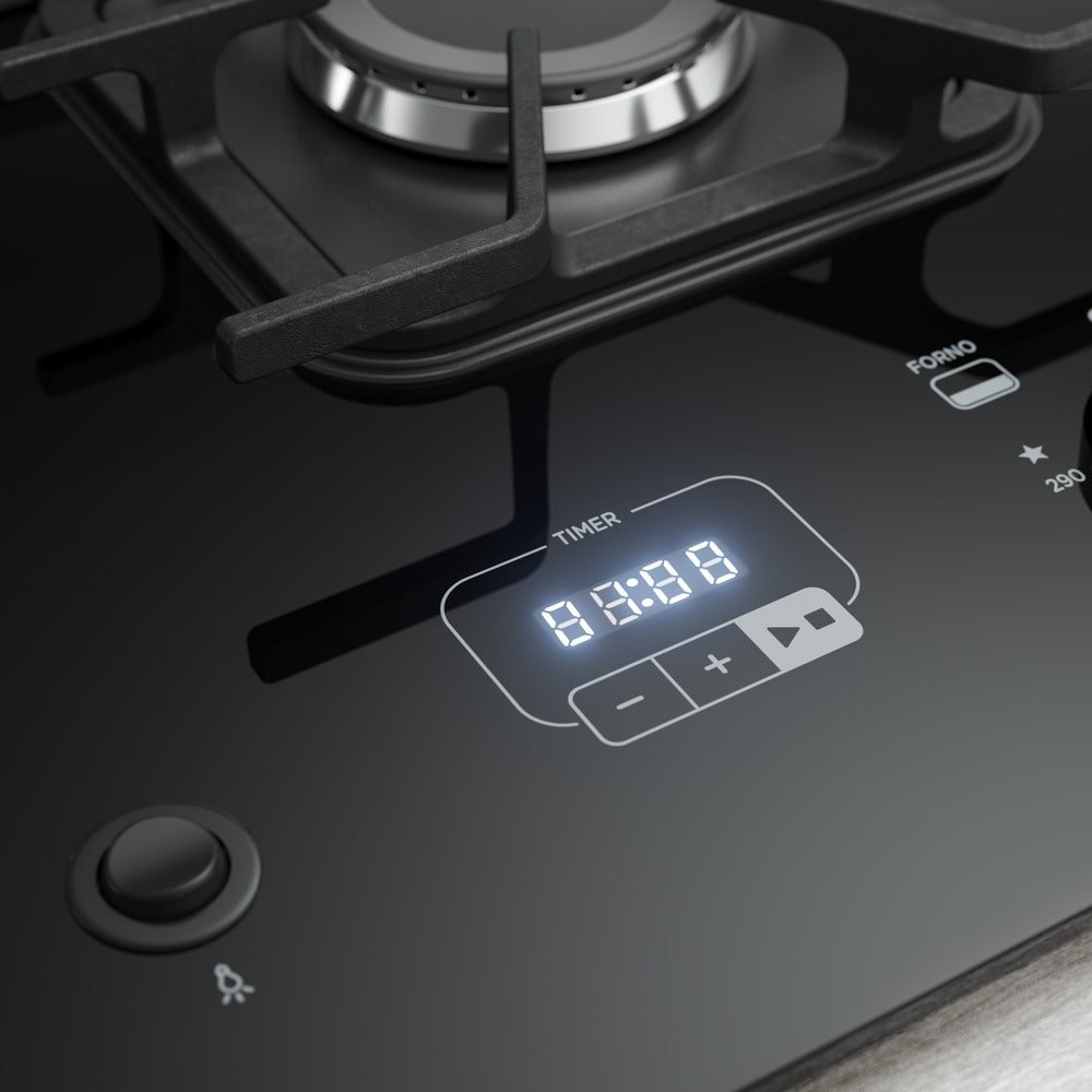 Fogão de Piso Mueller 5 Bocas Decorato Vetro, Mesa de Vidro, Acendimento Automático, Timer, Inox, Bivolt