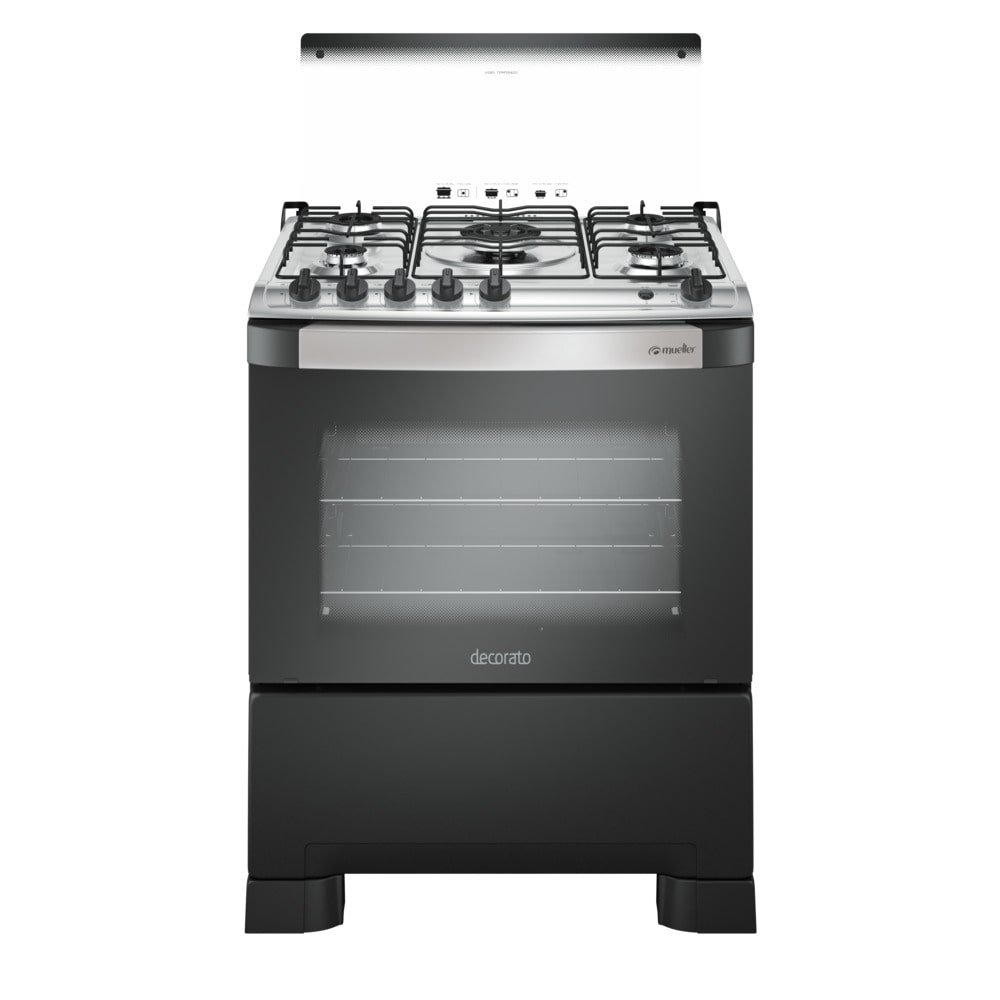 Fogão de Piso Mueller 5 Bocas Decorato, Mesa de Inox, Acendimento Automático, Preto Fosco, Bivolt