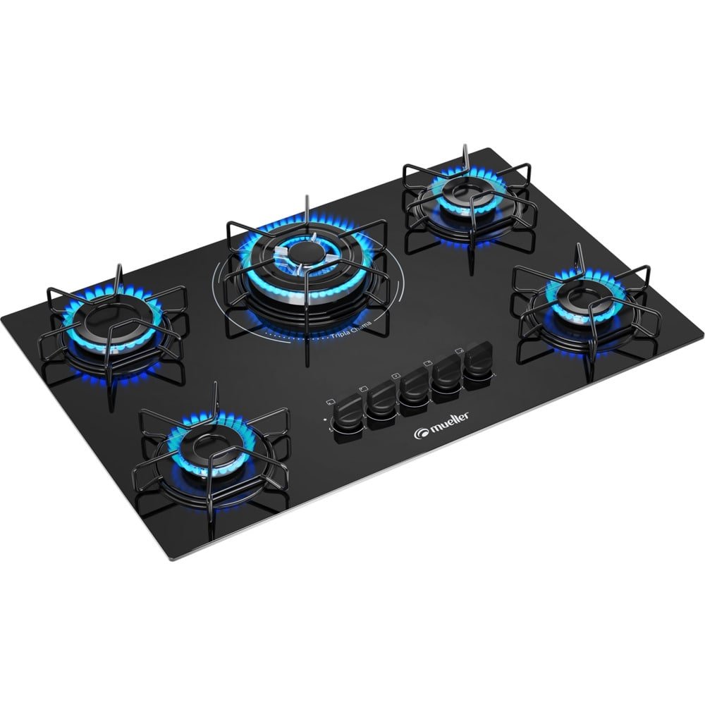 Cooktop a Gás Mueller 5 Bocas MCG135BG1, Mesa de Vidro, Acendimento Automático, Preto, Bivolt