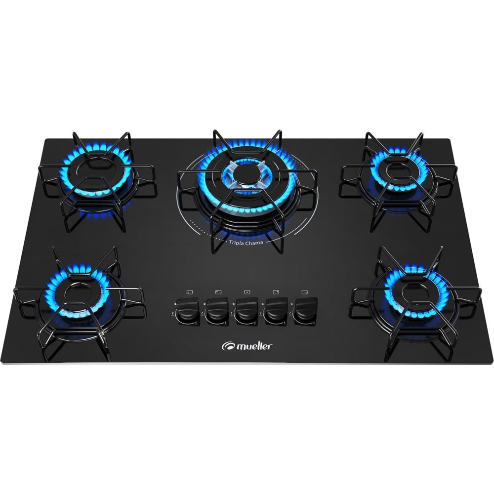 Cooktop a Gás Mueller 5 Bocas MCG135BG1, Mesa de Vidro, Acendimento Automático, Preto, Bivolt