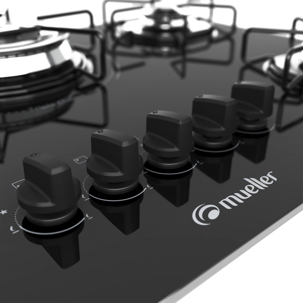 Cooktop a Gás Mueller 5 Bocas MCG135BG1, Mesa de Vidro, Acendimento Automático, Preto, Bivolt