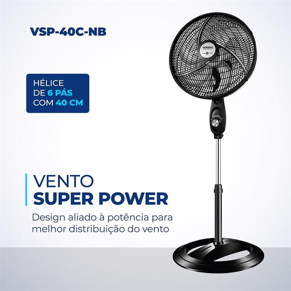 Ventilador de Coluna Mondial VSP-40C 40cm, 6 Pás, Preto, 220V