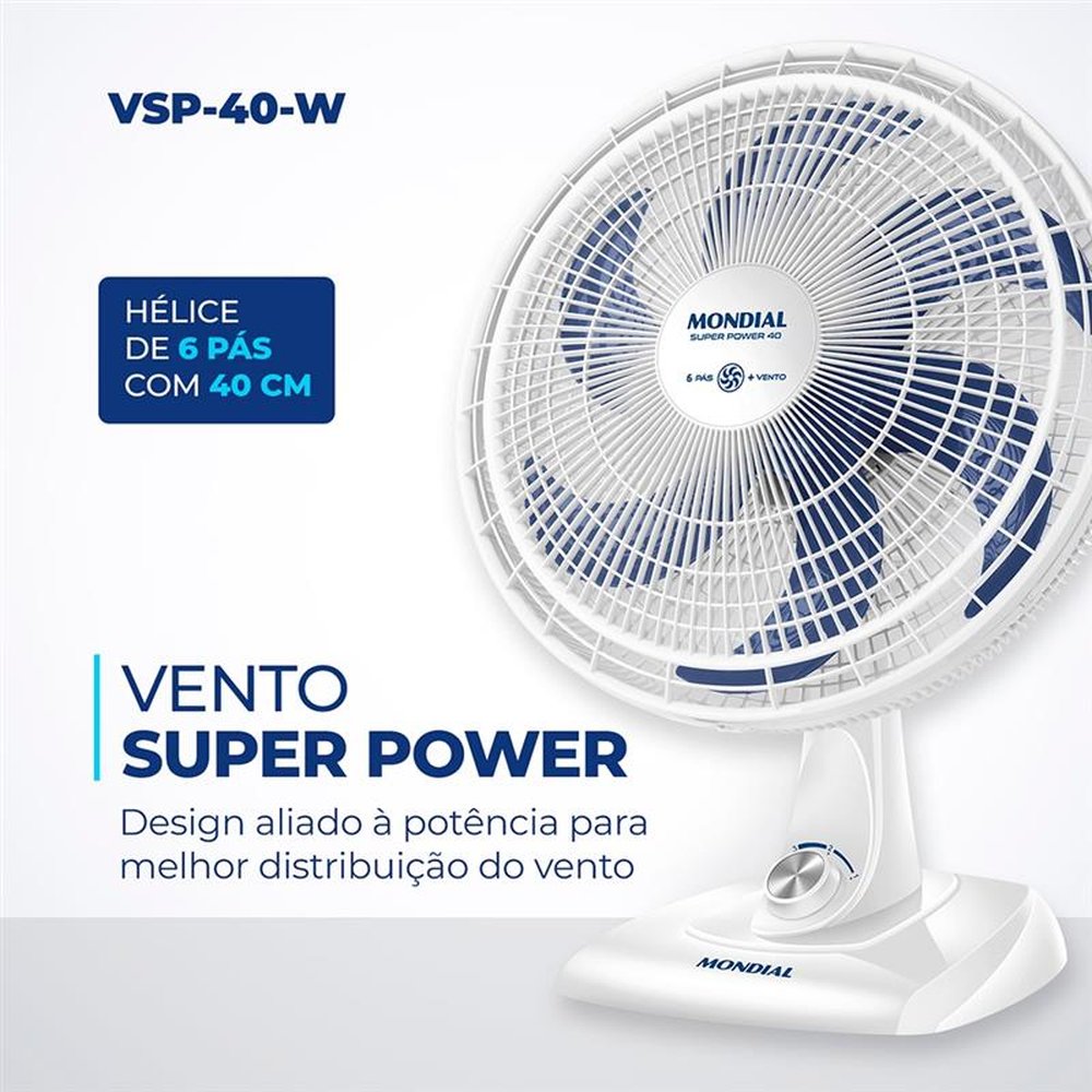 Ventilador de Mesa Mondial VSP-40-W 40cm, 6 Pás, 140W, Branco/Azul, 110V