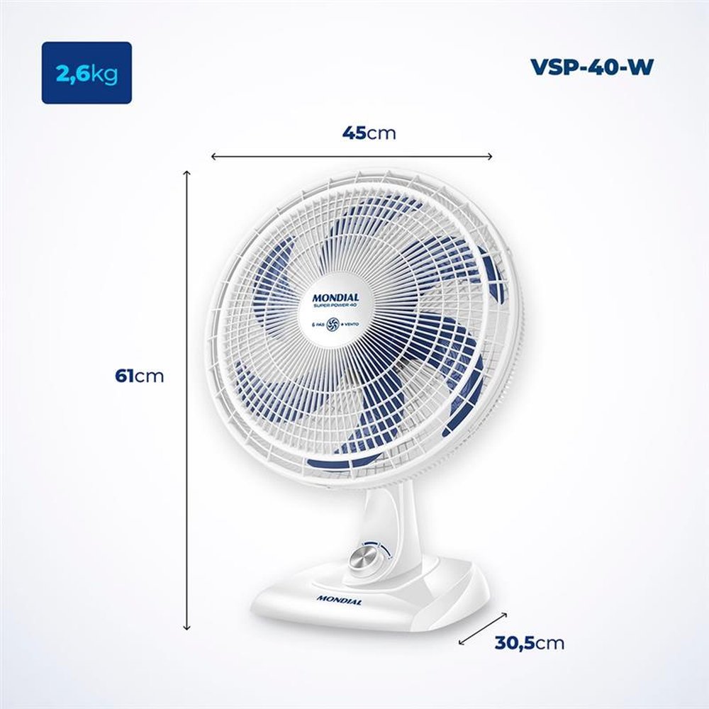Ventilador de Mesa Mondial VSP-40-W 40cm, 6 Pás, 140W, Branco/Azul, 220V