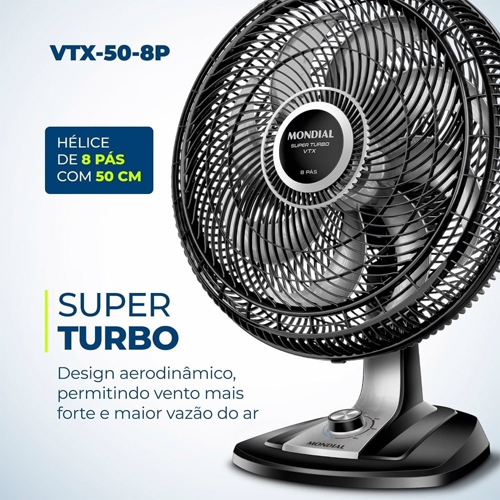 Ventilador de Mesa Mondial VTX-50 50cm, 8 Pás, 150W, Preto, 220V