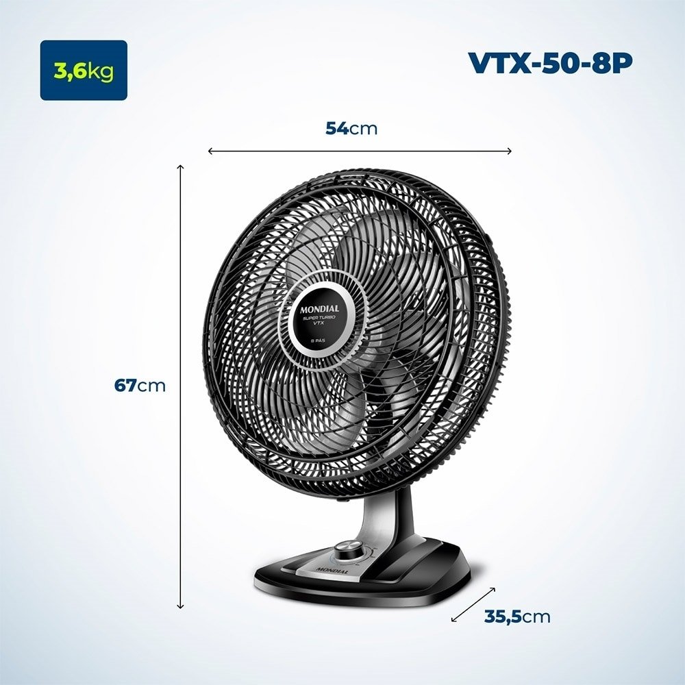 Ventilador de Mesa Mondial VTX-50 50cm, 8 Pás, 150W, Preto, 220V