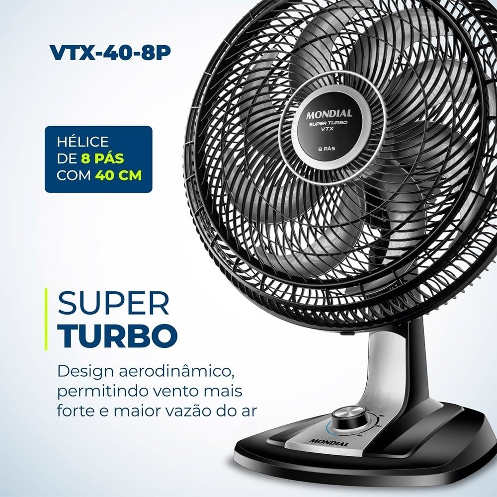 Ventilador de Mesa Mondial VTX-40 40cm, 8 Pás, 140W, Preto, 110V