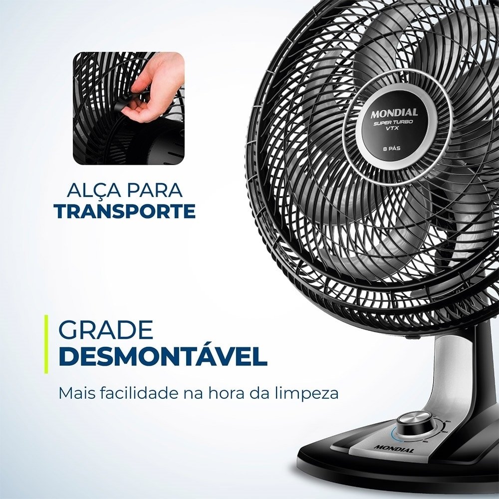 Ventilador de Mesa Mondial VTX-40 40cm, 8 Pás, 140W, Preto, 110V