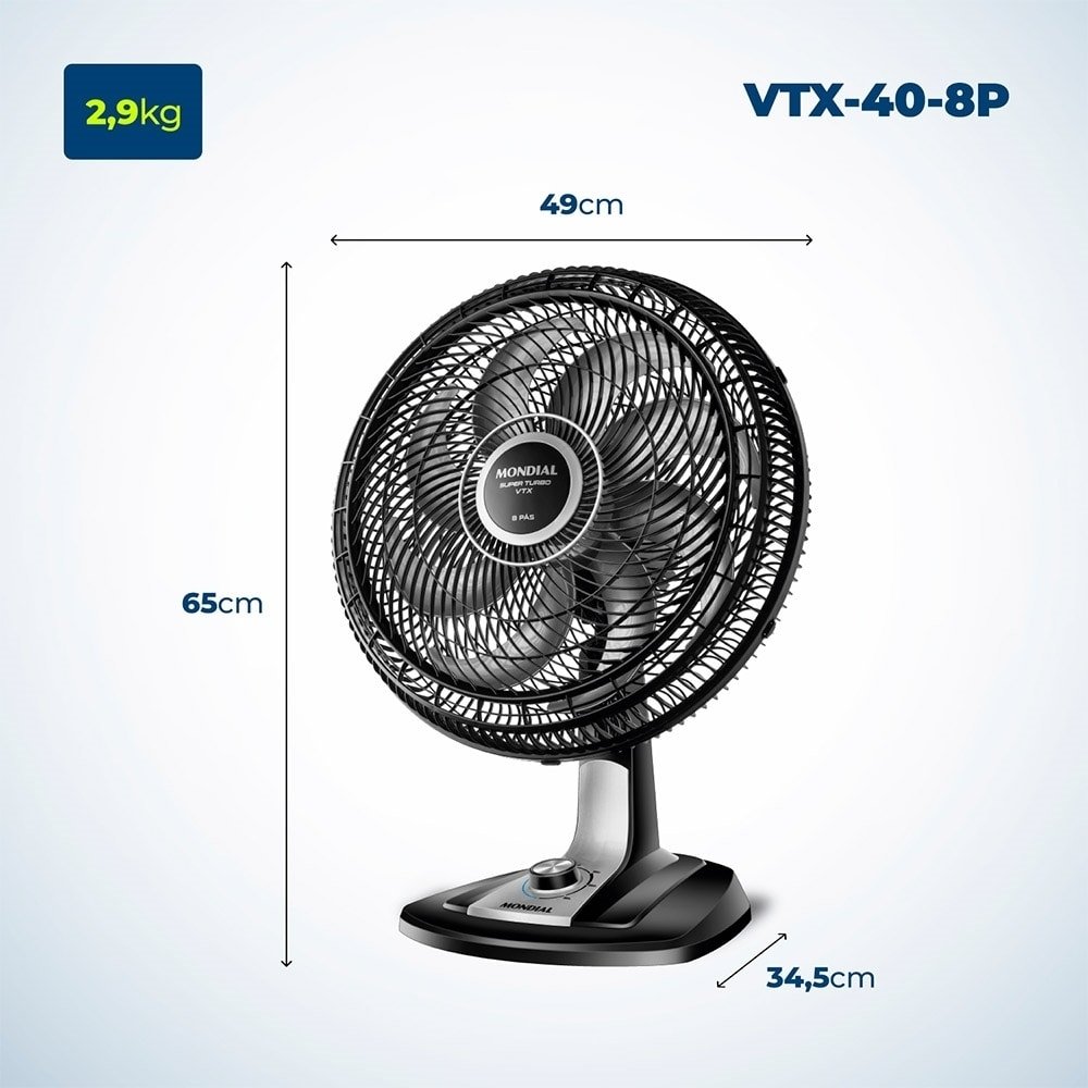 Ventilador de Mesa Mondial VTX-40 40cm, 8 Pás, 140W, Preto, 110V