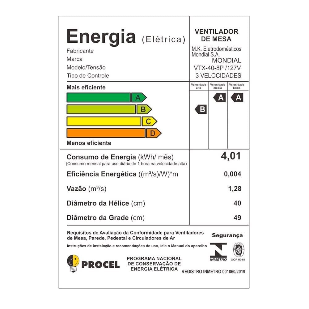 Ventilador de Mesa Mondial VTX-40 40cm, 8 Pás, 140W, Preto, 110V
