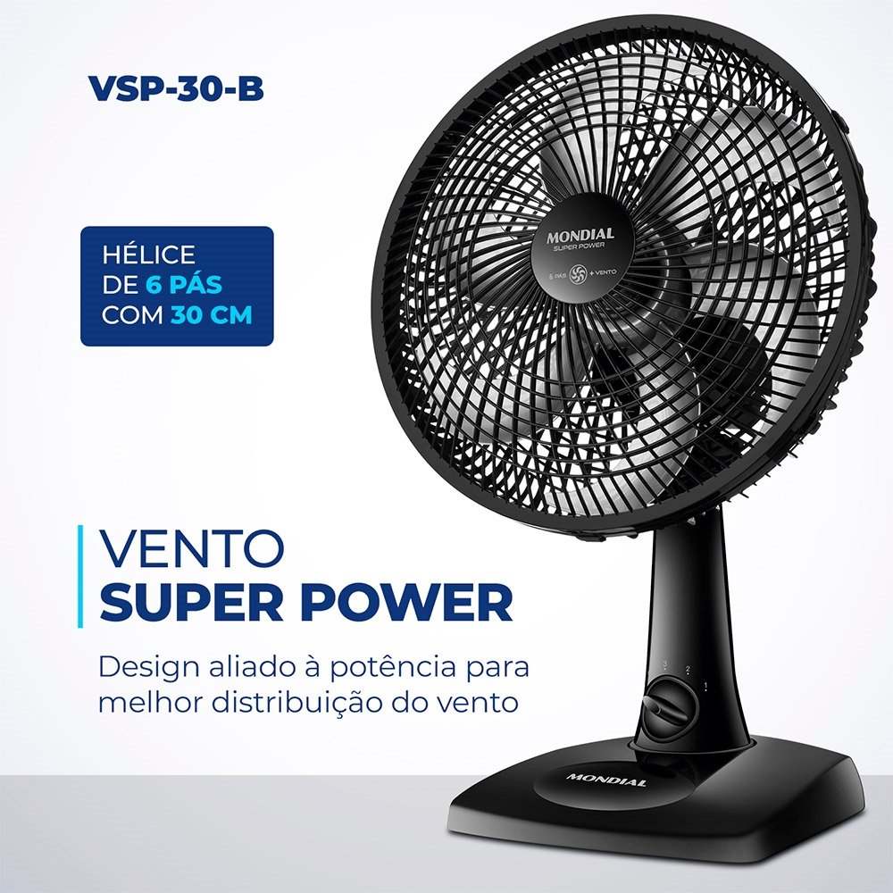 Ventilador de Mesa Mondial VSP-30-B Super Power | com 3 Velocidades, Modo Silencioso, Preto, 110V