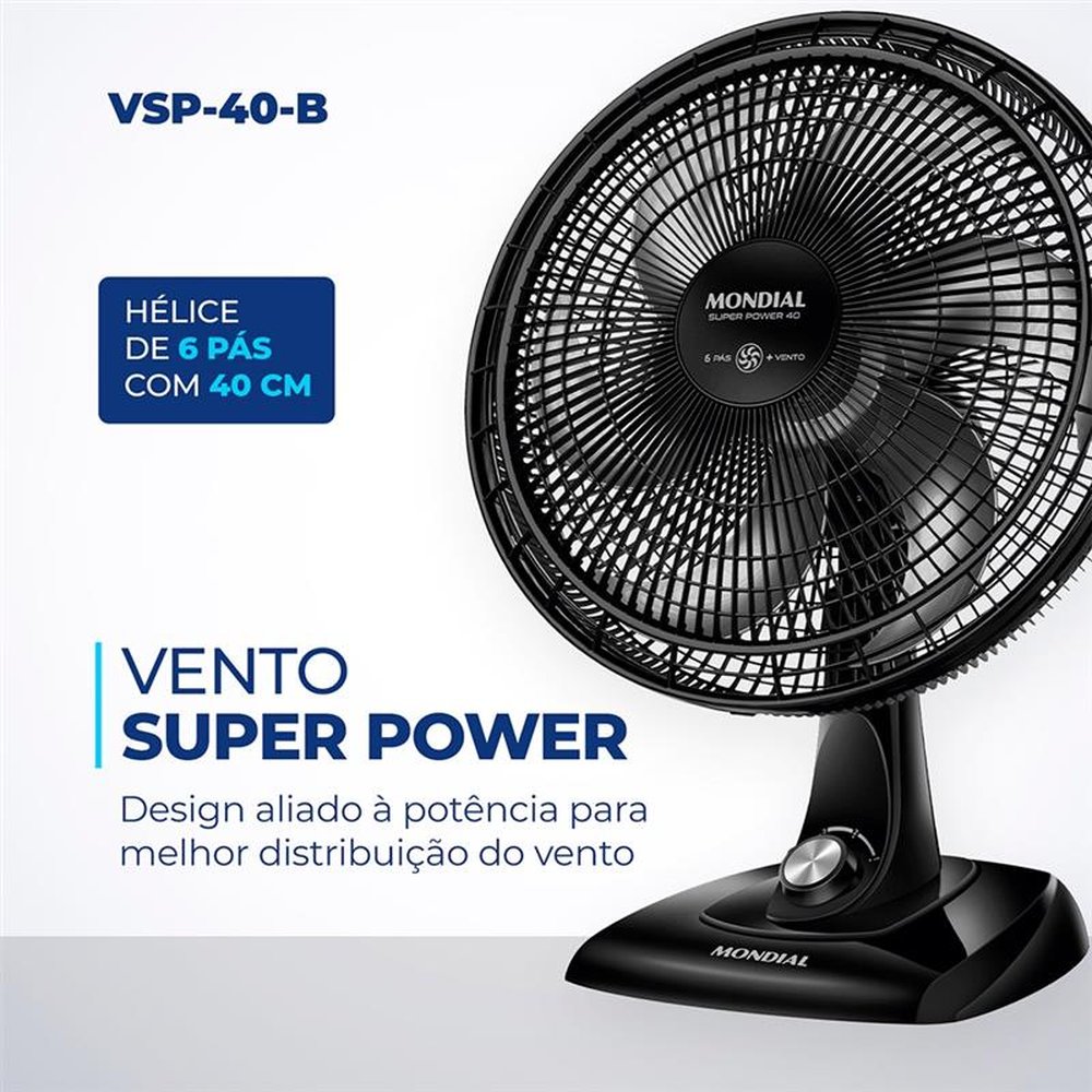 Ventilador de Mesa Mondial VSP-40-B 40cm, 6 Pás, 140W, Preto, 220V