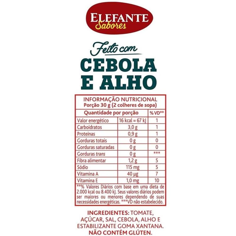 Extrato de Tomate Elefante Sabores Cebola e Alho 340g - Embalagem com 24 Unidades
