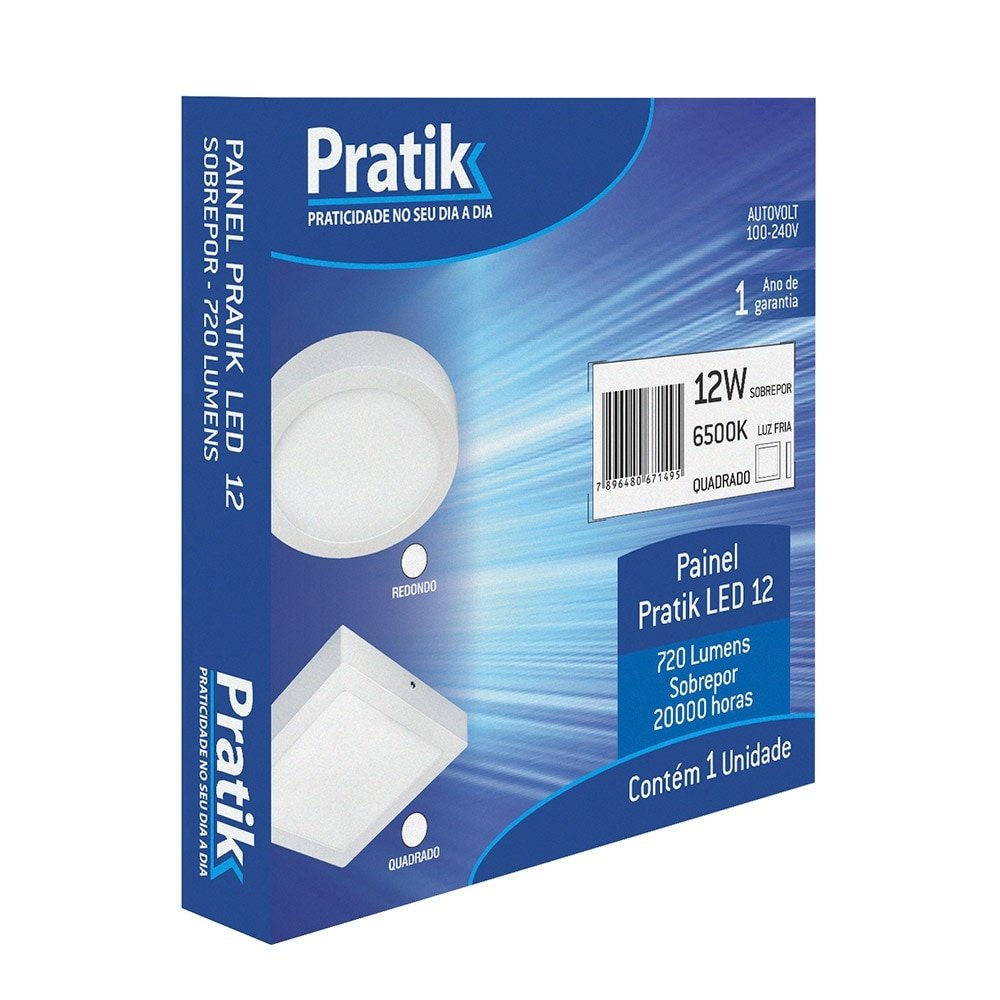 Painel de LED Pratik Plafon, 16cm, Quadrado, Sobrepor, 12W, 720 Lúmens