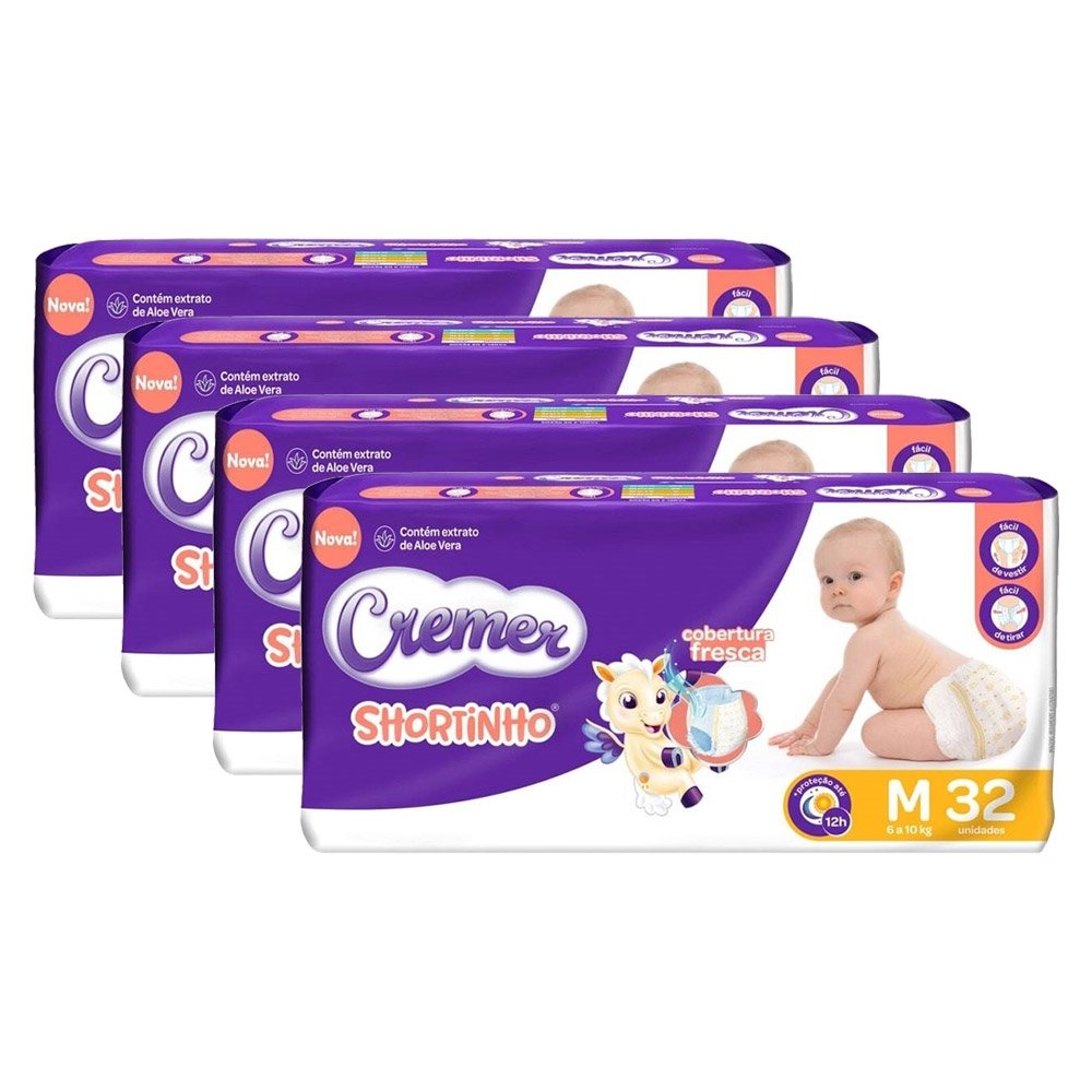 Fralda Descartável Cremer Shortinho Jumbo Tamanho M - 4 Pacotes com 32 Fraldas - Total 128 Tiras