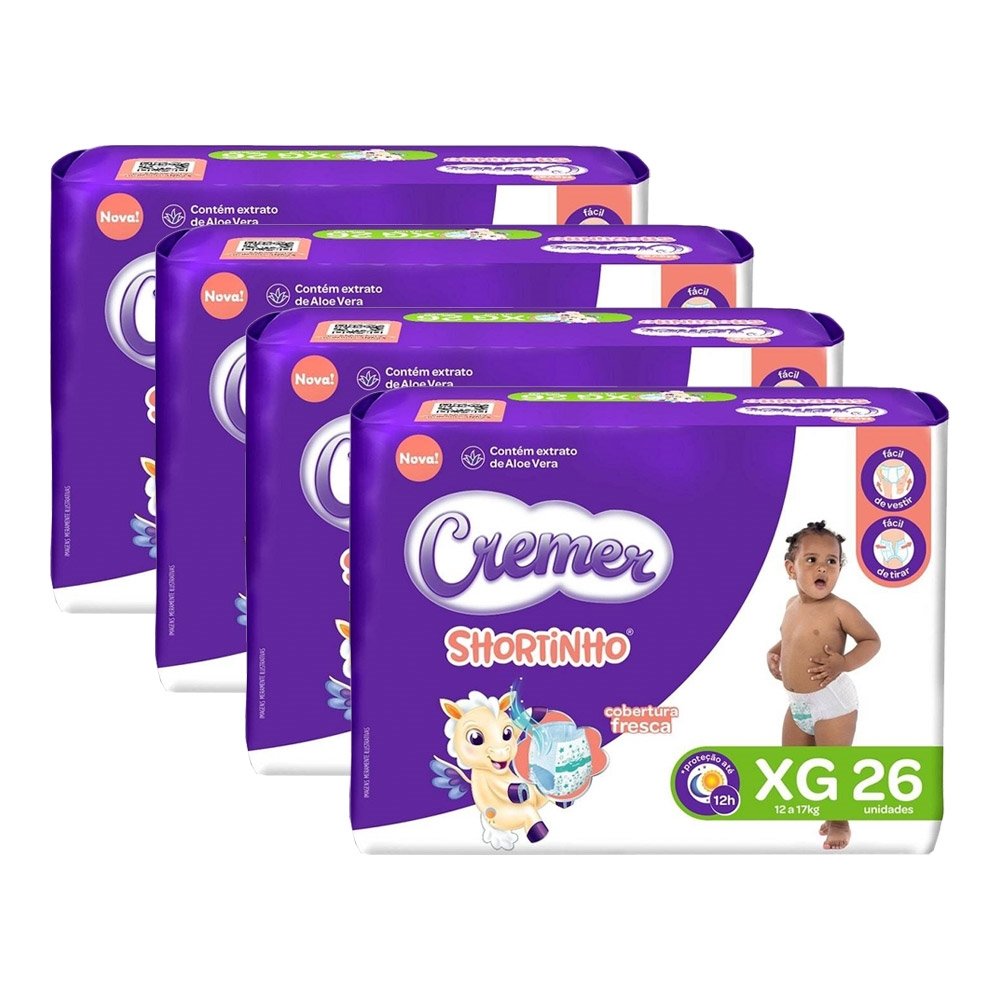 Fralda Descartável Cremer Shortinho Jumbo Tamanho XG - 4 Pacotes com 26 Fraldas - Total 104 Tiras