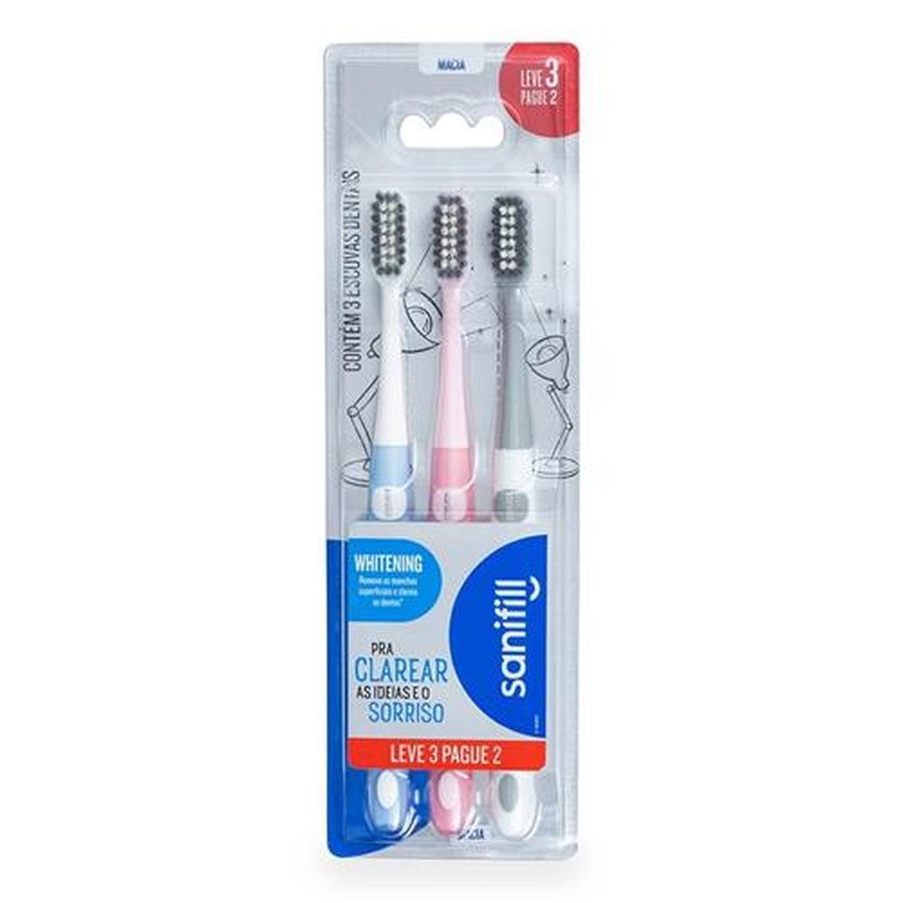Escova Dental Sanifill Whitening Macia Embalagem com 3 Unidades