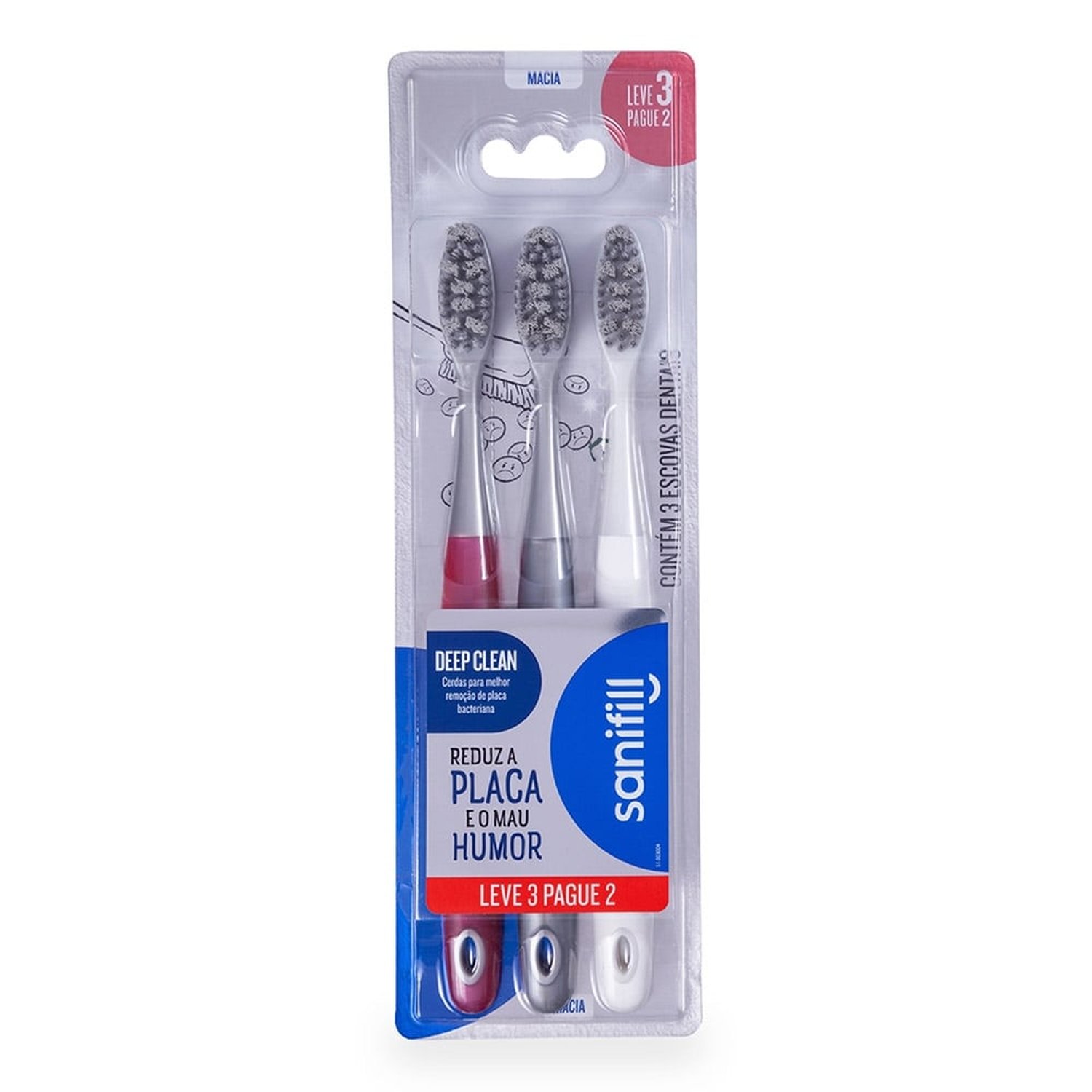 Escova Dental Sanifill Deep Clean Macia Embalagem com 3 Unidades