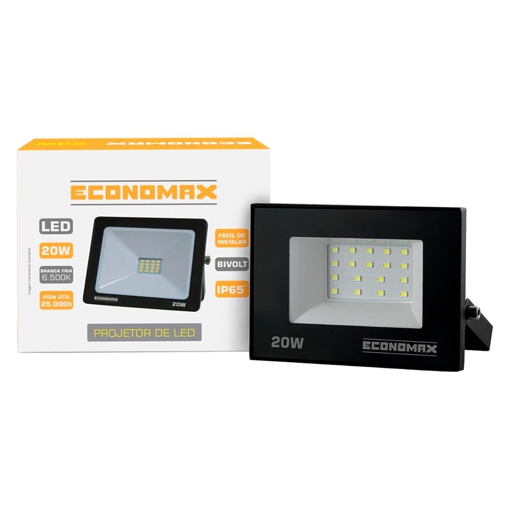 Refletor Economax Led 20W Slim Preto 6,5K 1200H