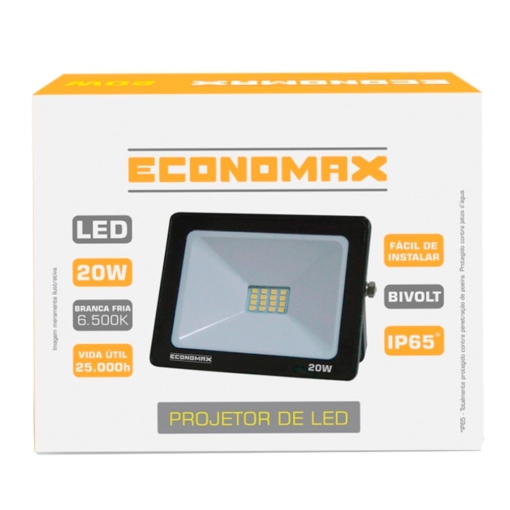 Refletor Economax Led 20W Slim Preto 6,5K 1200H