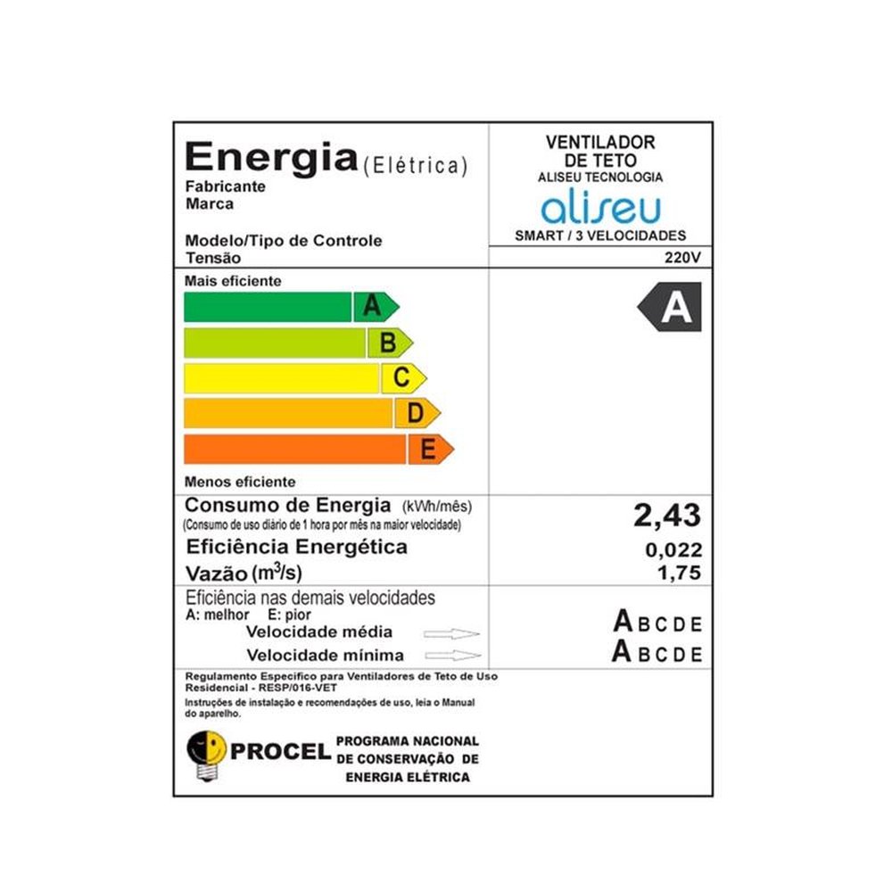 Ventilador de Teto Aliseu Smart 81cm, 3 Pás, com Luminária para 2 Lâmpadas, Preto, 220V