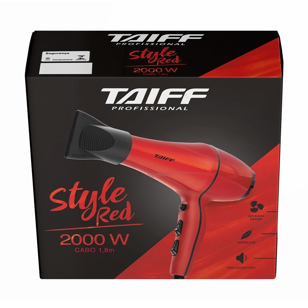 Secador de Cabelo Taiff Style, 2 Velocidades, 3 Temperaturas, Cabo de 1,8m, 2000W, Vermelho, 220V