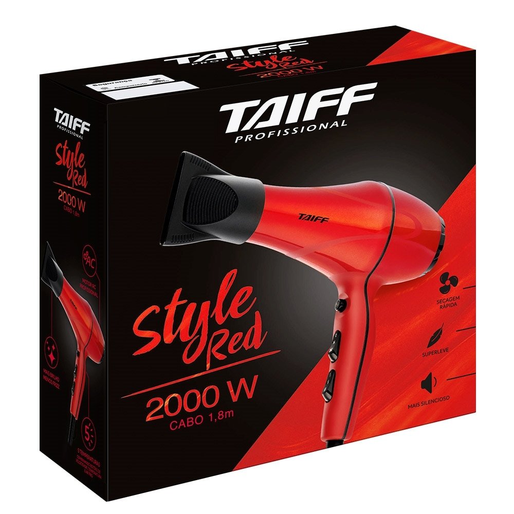 Secador de Cabelo Taiff Style, 2 Velocidades, 3 Temperaturas, Cabo de 1,8m, 2000W, Vermelho, 220V