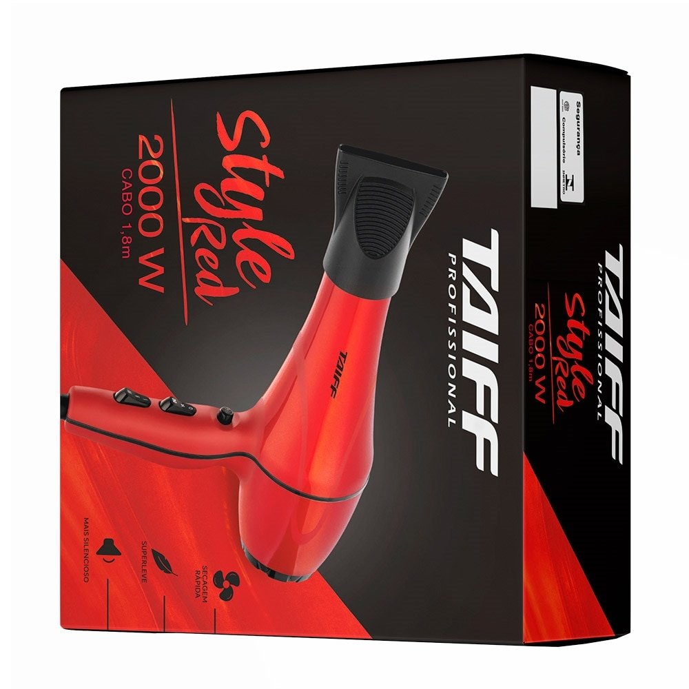 Secador de Cabelo Taiff Style, 2 Velocidades, 3 Temperaturas, Cabo de 1,8m, 2000W, Vermelho, 220V