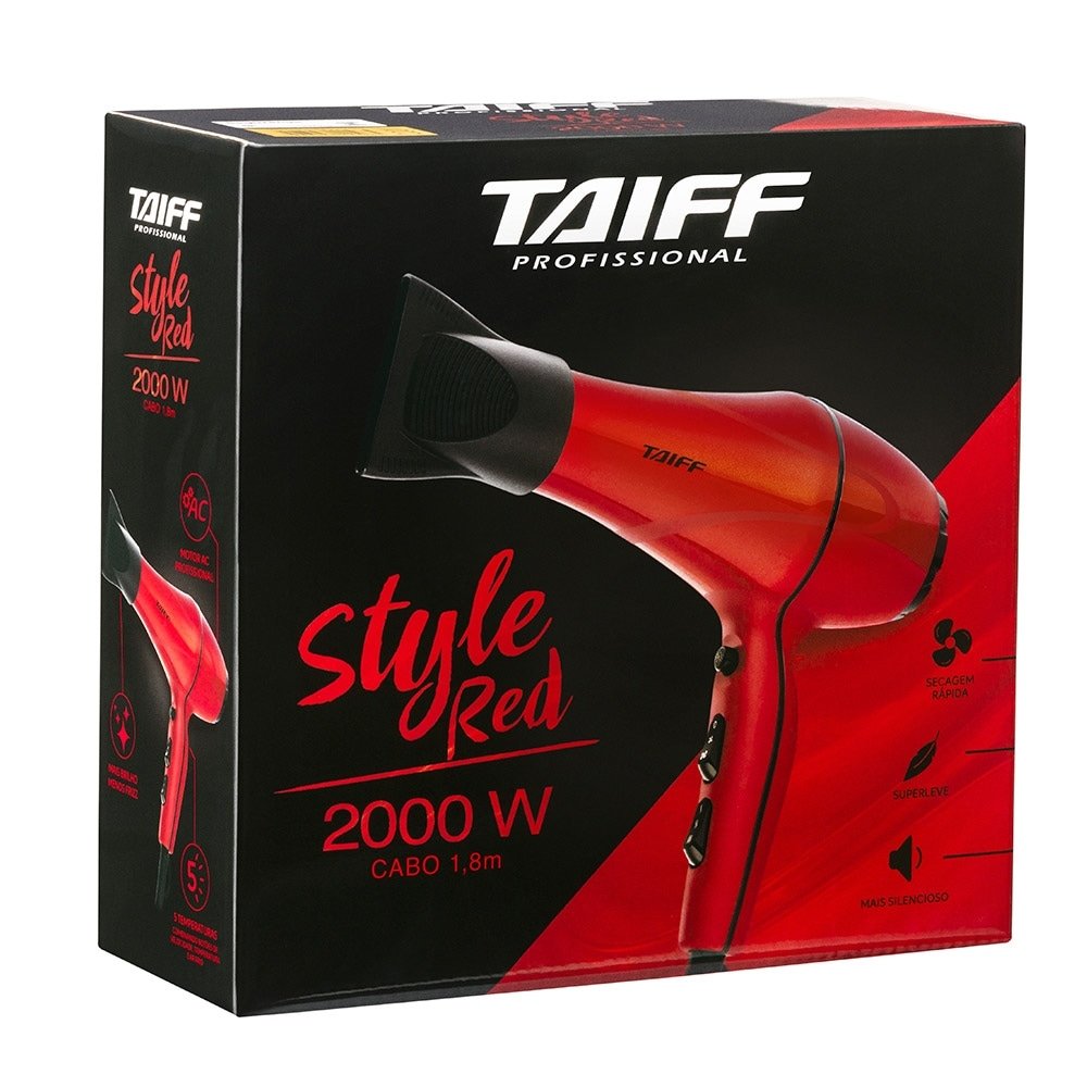 Secador de Cabelo Taiff Style, 2 Velocidades, 3 Temperaturas, Cabo de 1,8m, 2000W, Vermelho, 220V