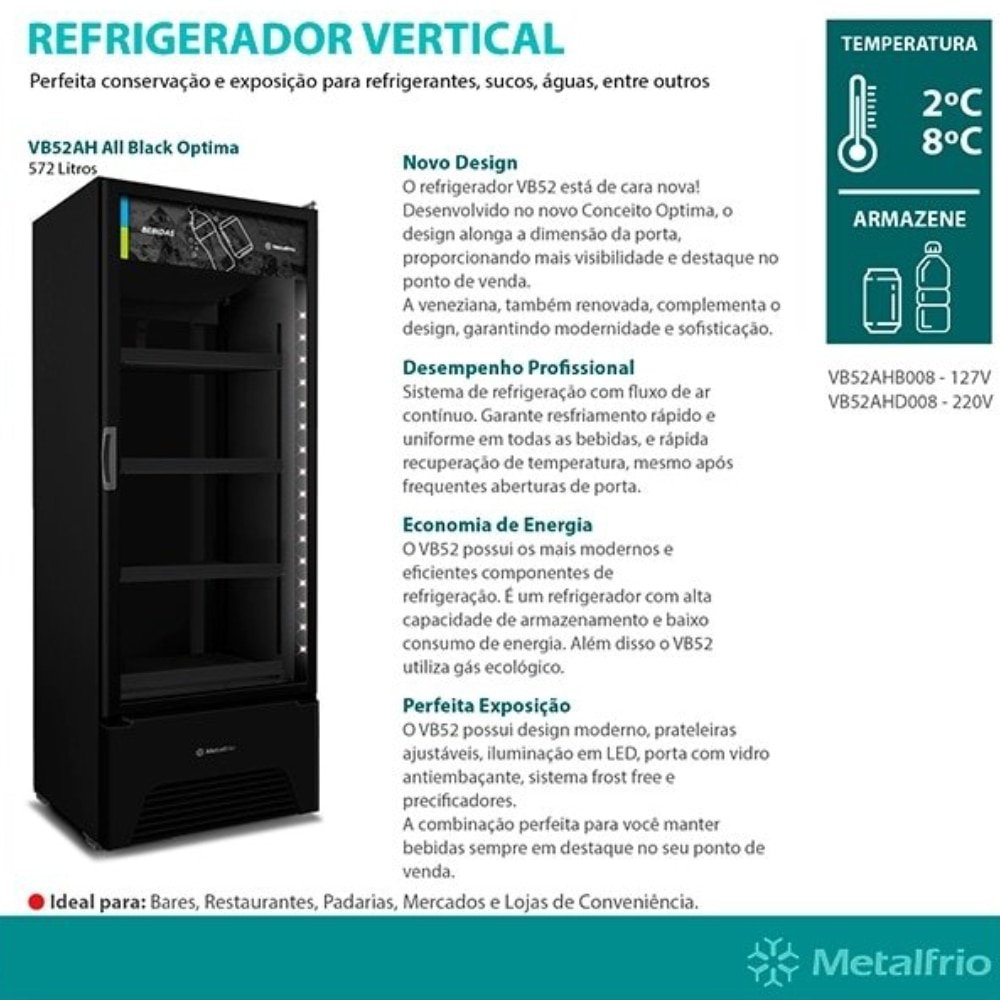 Refrigerador Vitrine Metalfrio 572 Litros VB52AH - Frost Free, Porta de Vidro, Preto, 220V