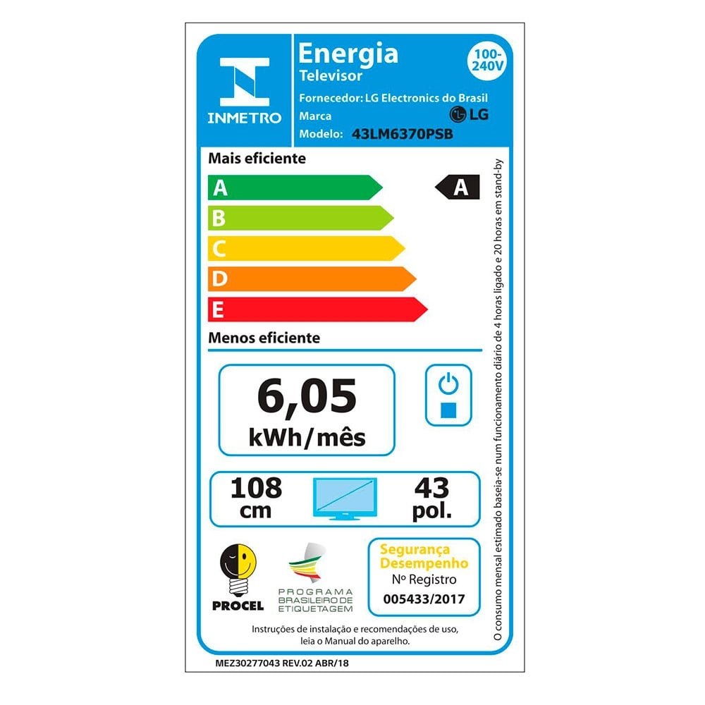 Smart TV LED 43" LG 43LM6370PSB, Full HD, Wi-Fi, Bluetooth, 1 USB, 2 HDMI, ThinQ AI, WebOS, 60Hz