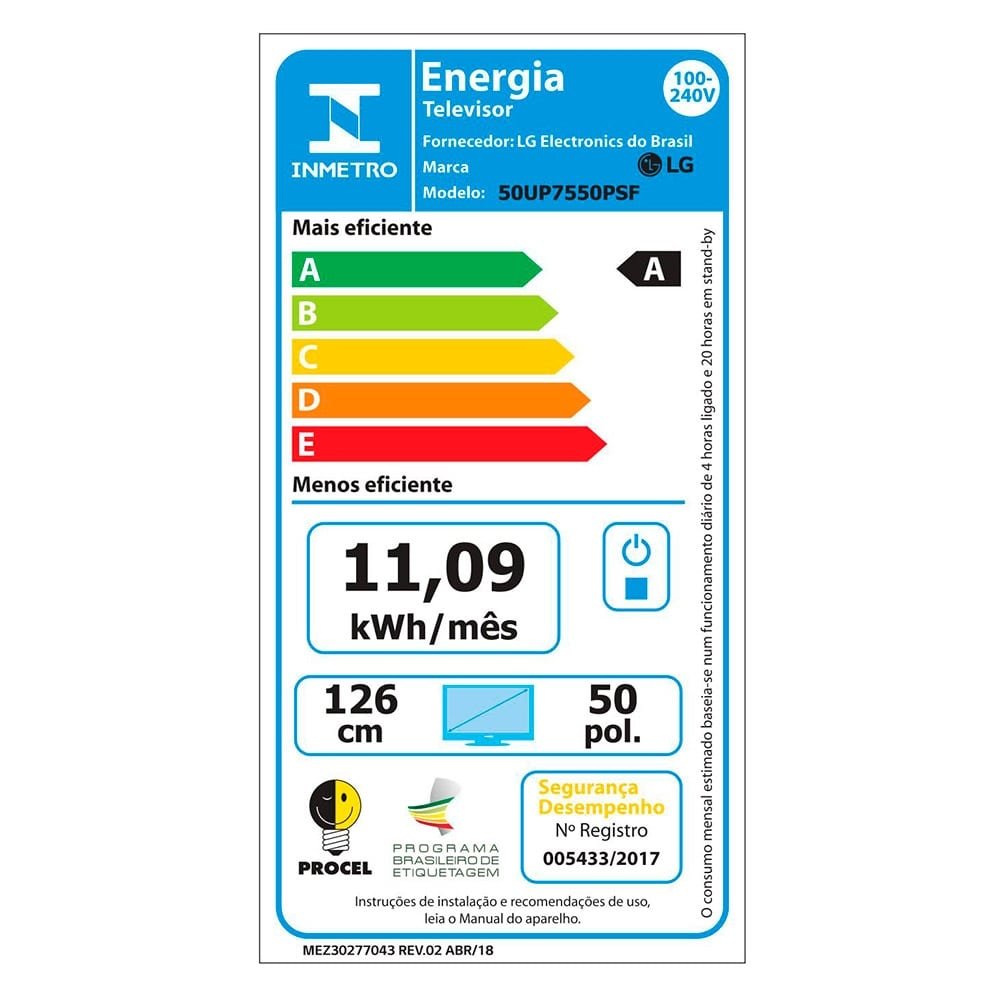 Smart TV LED 50" LG 50UP7550PSF 4K Wi-Fi com 1 USB, 2 HDMI, Bluetooth, Thinq Al, Smart Magic