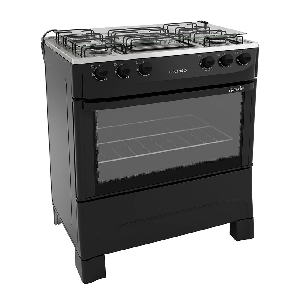 Fogão de Piso Mueller 5 Bocas Moderatto - Mesa de Inox, Preto Fosco