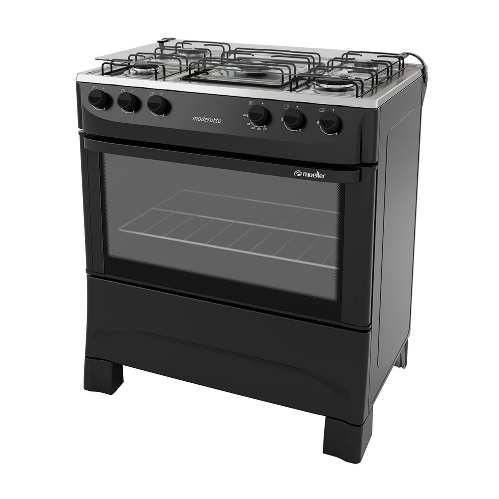 Fogão de Piso Mueller 5 Bocas Moderatto - Mesa de Inox, Preto Fosco