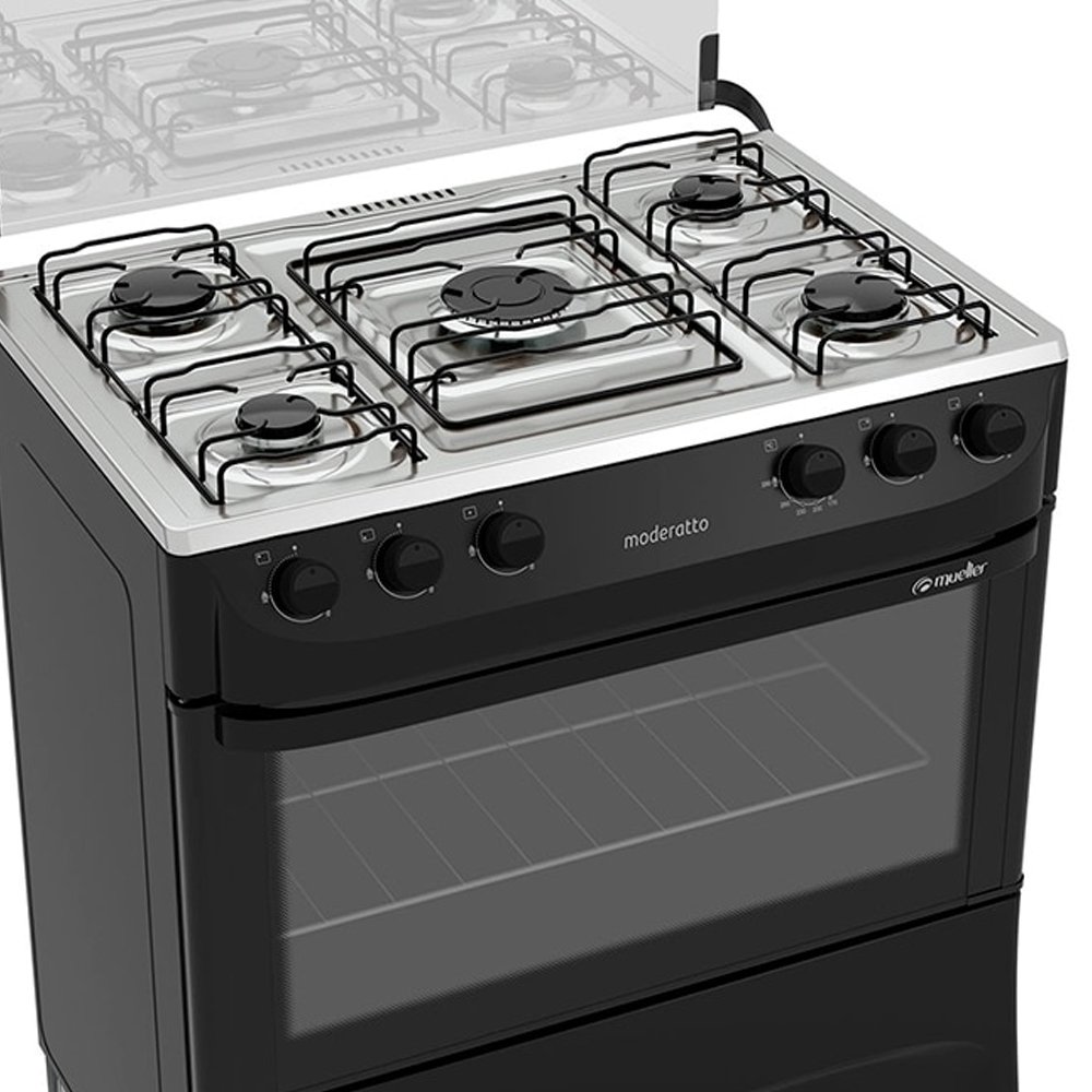 Fogão de Piso Mueller 5 Bocas Moderatto - Mesa de Inox, Preto Fosco