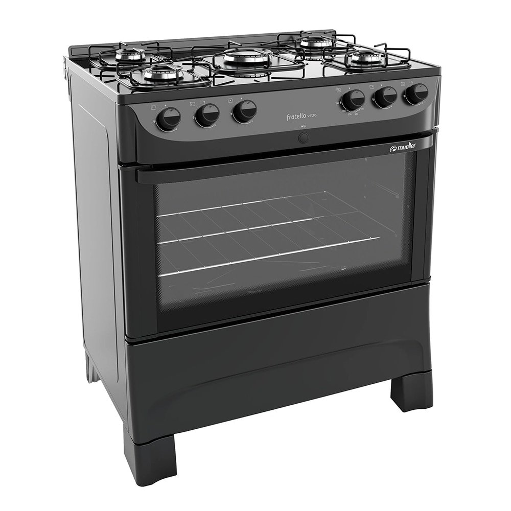 Fogão de Piso Mueller 5 Bocas Fratello Vetro, Mesa de Vidro, Acendimento Automático, Preto Fosco