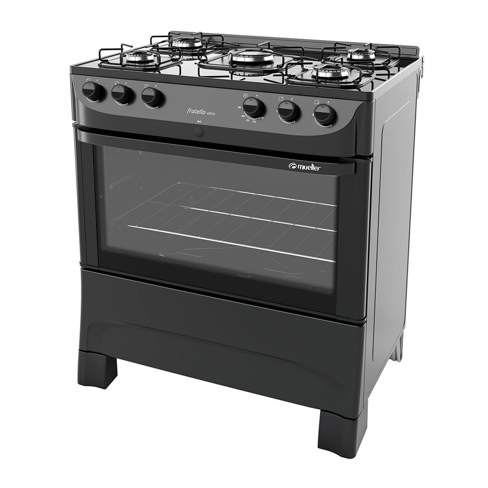 Fogão de Piso Mueller 5 Bocas Fratello Vetro, Mesa de Vidro, Acendimento Automático, Preto Fosco