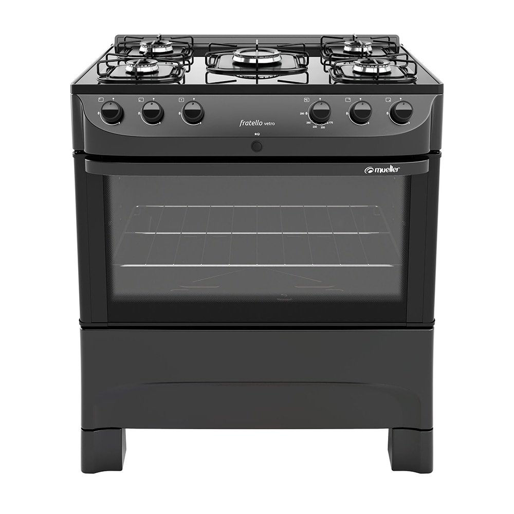 Fogão de Piso Mueller 5 Bocas Fratello Vetro, Mesa de Vidro, Acendimento Automático, Preto Fosco