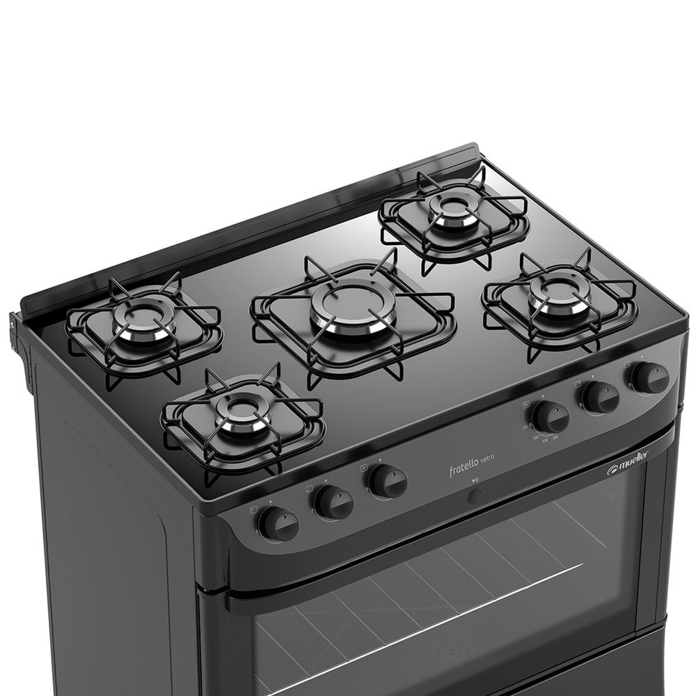 Fogão de Piso Mueller 5 Bocas Fratello Vetro, Mesa de Vidro, Acendimento Automático, Preto Fosco