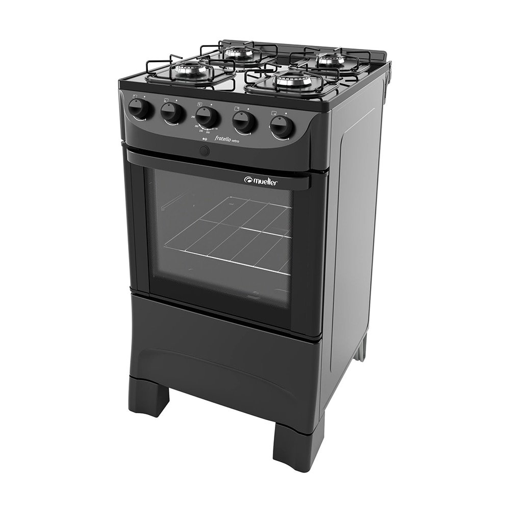 Fogão de Piso Mueller 4 Bocas Fratello Vetro - Mesa de Vidro, Acendimento Automático, Preto Fosco