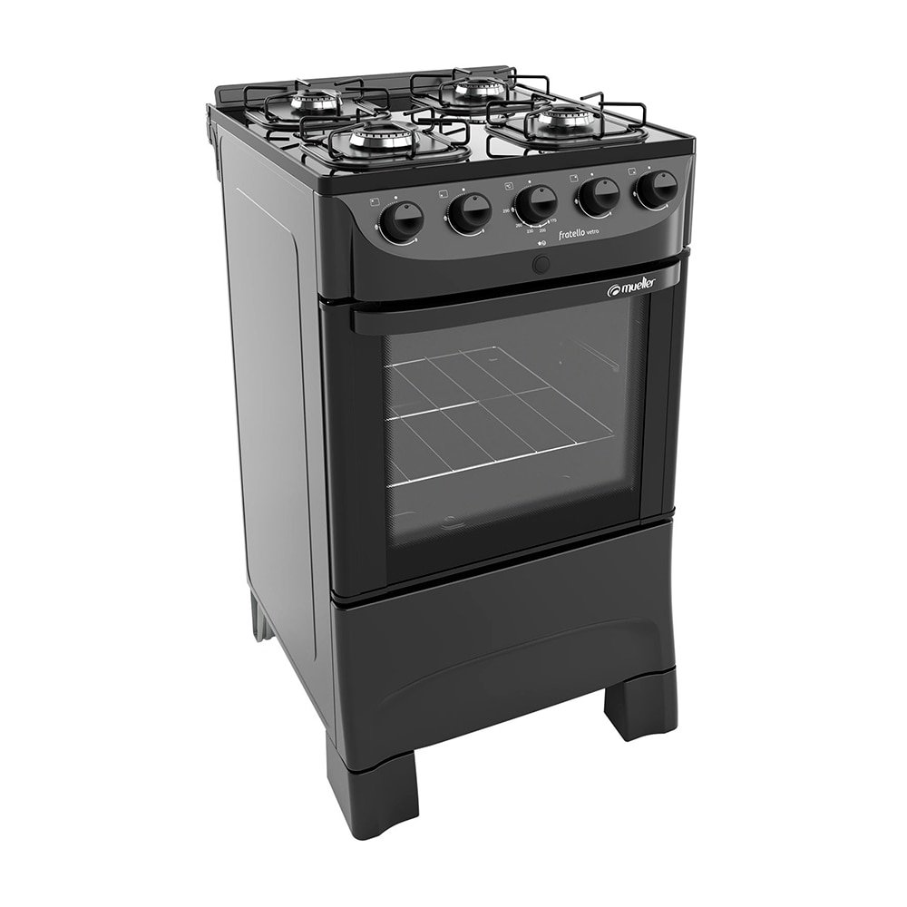 Fogão de Piso Mueller 4 Bocas Fratello Vetro - Mesa de Vidro, Acendimento Automático, Preto Fosco