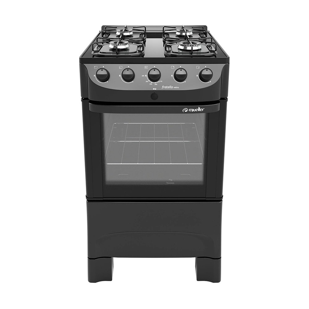 Fogão de Piso Mueller 4 Bocas Fratello Vetro - Mesa de Vidro, Acendimento Automático, Preto Fosco