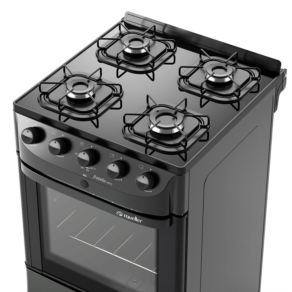Fogão de Piso Mueller 4 Bocas Fratello Vetro - Mesa de Vidro, Acendimento Automático, Preto Fosco