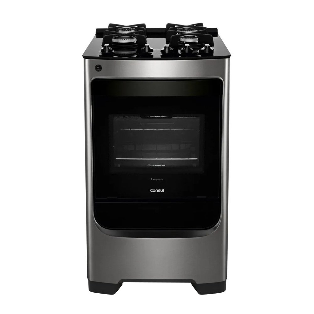 Fogão Consul 4 Bocas CFO4VAR - Trempe de Ferro Fundido, Mesa de Vidro, Acendimento Automático, Inox, Bivolt
