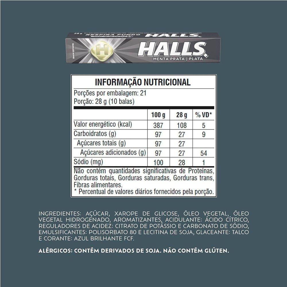 Bala Halls Menta Prata 28g Display com 21 unidades