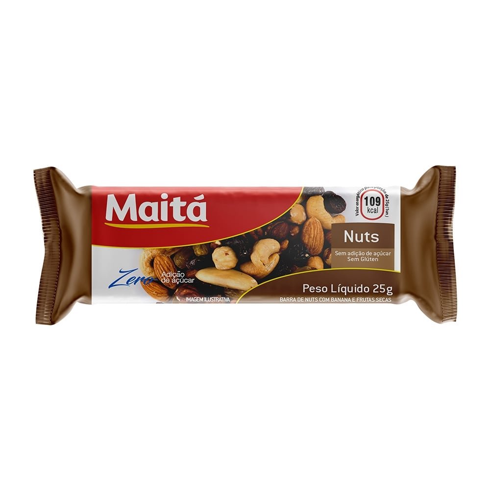 Barra de Cereais Maitá Nuts Zero Açucar Banana e Frutas Secas 25g Embalagem com 12 Unidades