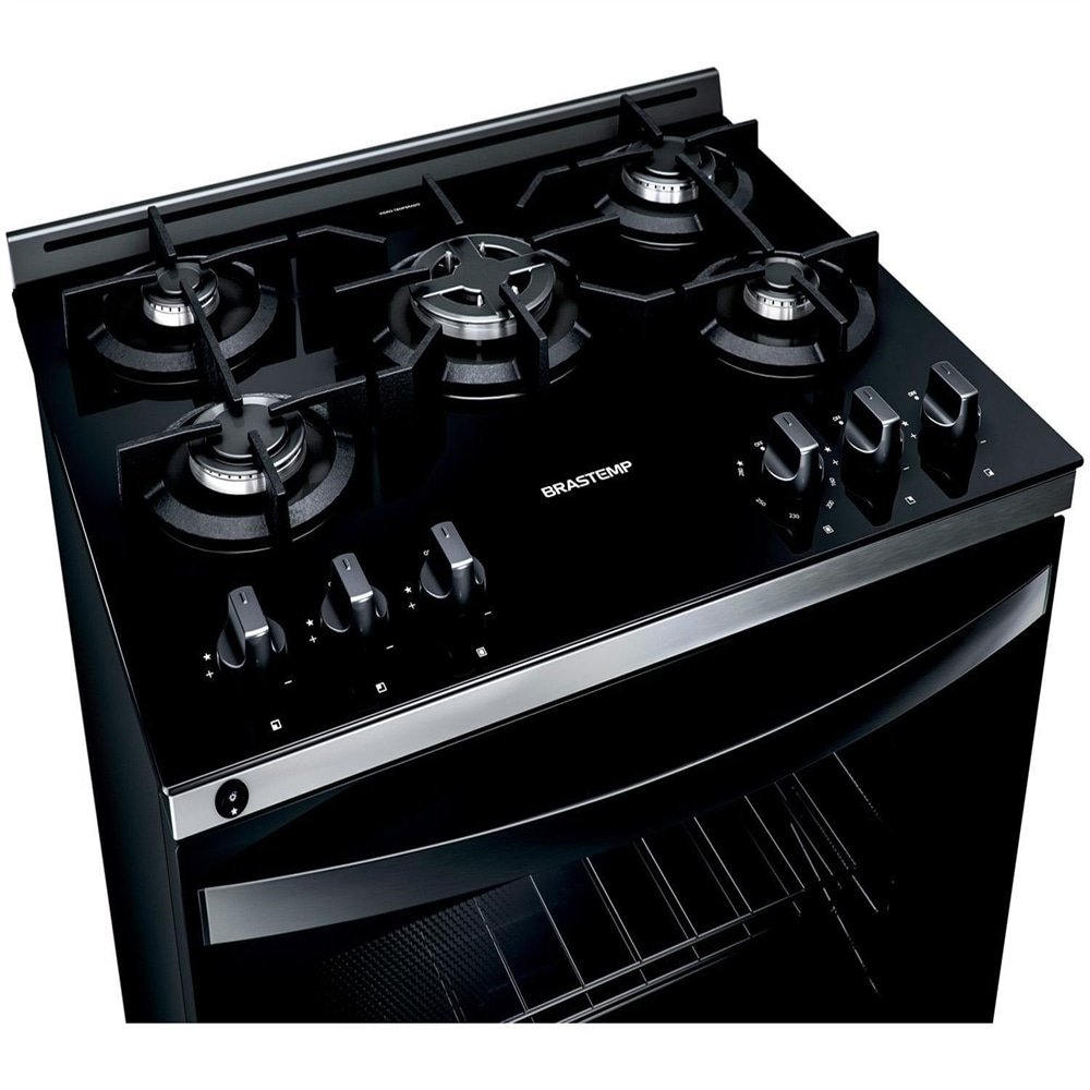 Fogão Brastemp 5 Bocas  BFS5VCE - Mesa de Vidro, Turbo Chama, Preto, Bivolt