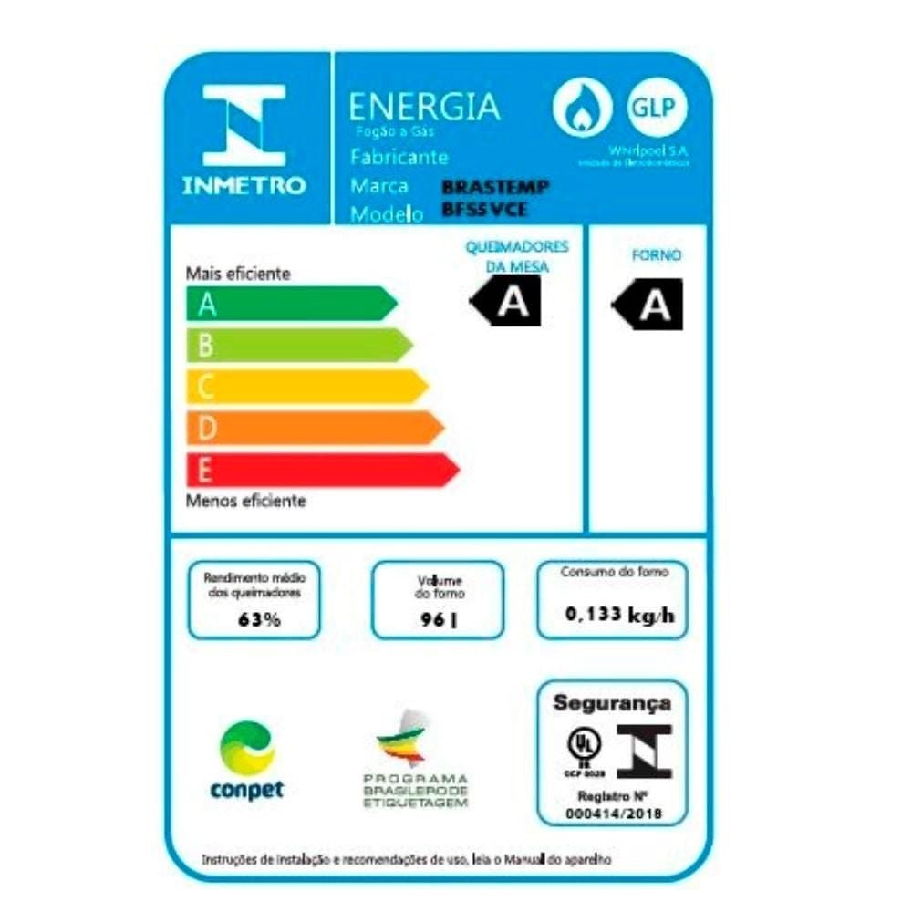 Fogão Brastemp 5 Bocas  BFS5VCE - Mesa de Vidro, Turbo Chama, Preto, Bivolt