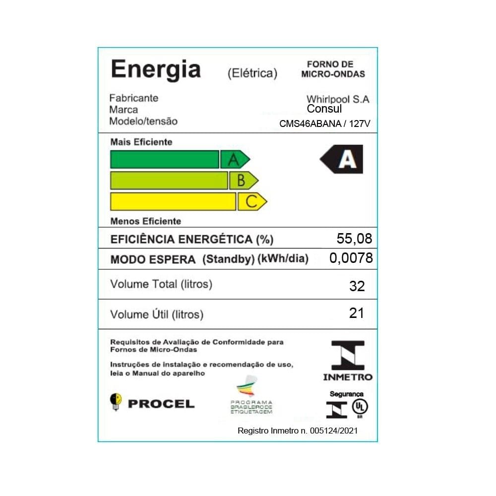 Micro-Ondas Consul 32 Litros CMS46AB - Painel Digital, Trava Segurança, Branco, 110V
